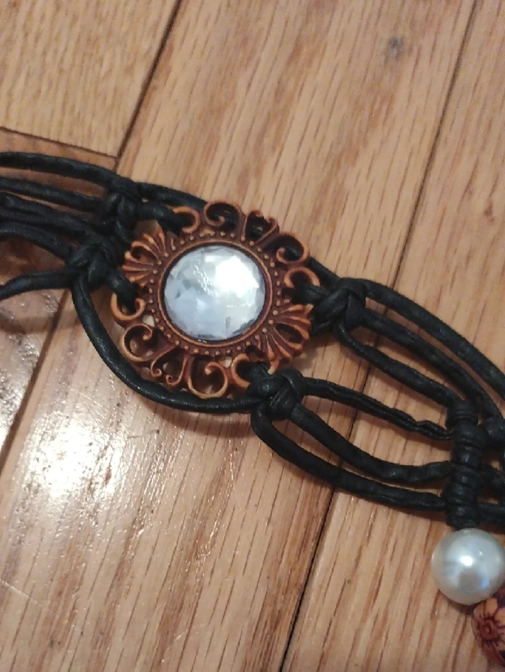 Y2K Black Leather Beaded Fringe Belt with Pearls and Copper Accents